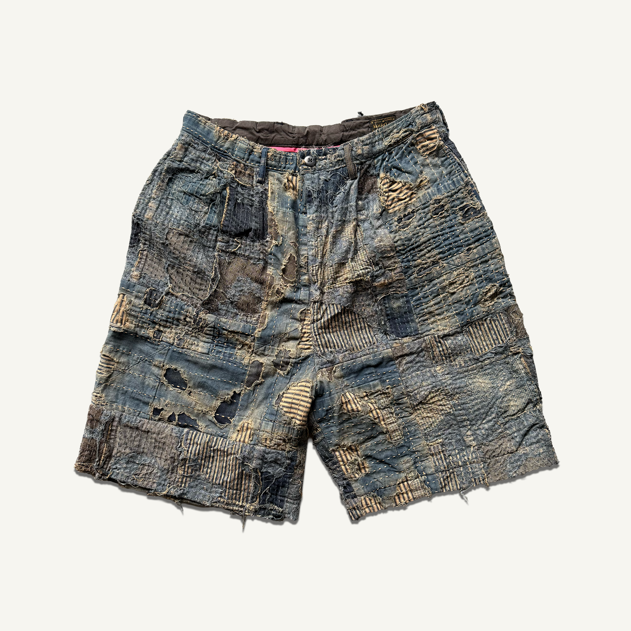Kapital Kountry Boro Patchwork Shorts — Indigo Sashiko Denim | sabi