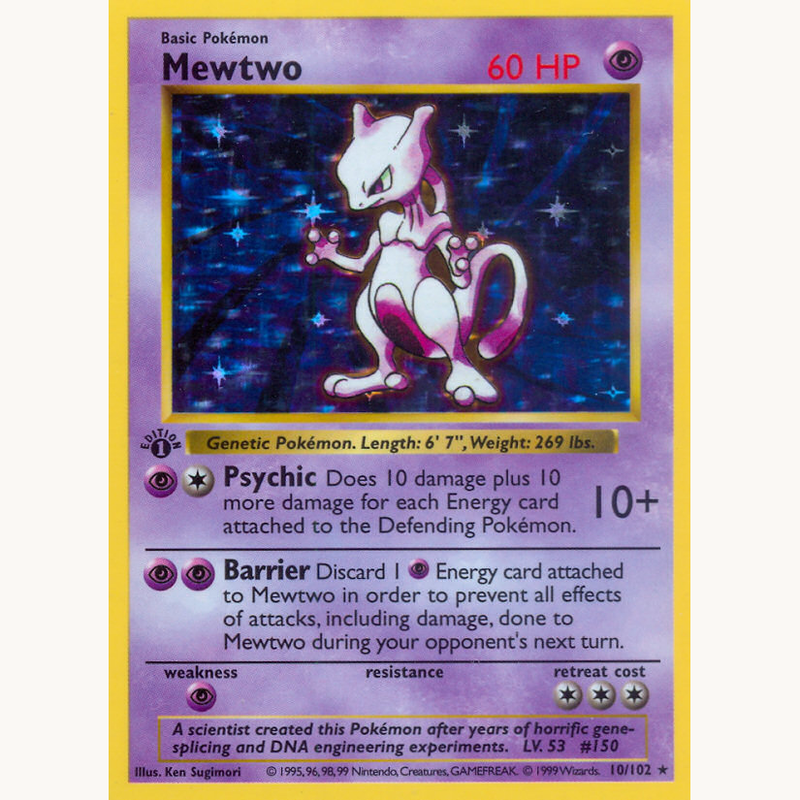 1st Edition Pokémon Base Set Mewtwo 10/102 card, printed without the drop shadow