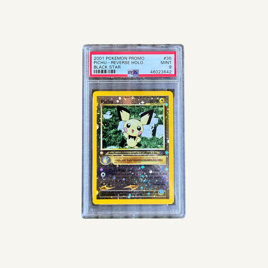 2001 Pokémon Black Star Promo Pichu #35 Reverse Holo PSA 9, front of slab