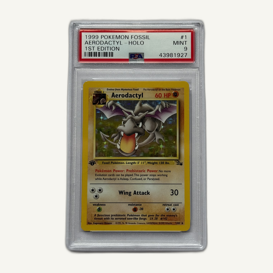 1999 Pokémon Fossil 1st Edition Aerodactyl 1/62 Holo PSA 9, front of slab