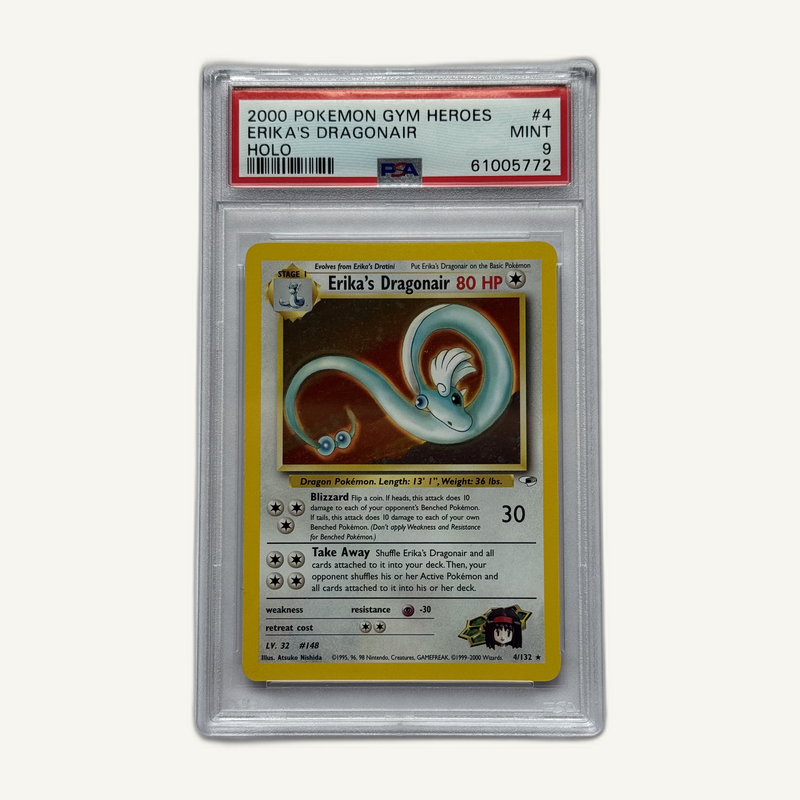 2000 Pokémon Gym Heroes Erika's Dragonair 4/132 Holo PSA 9, front of slab