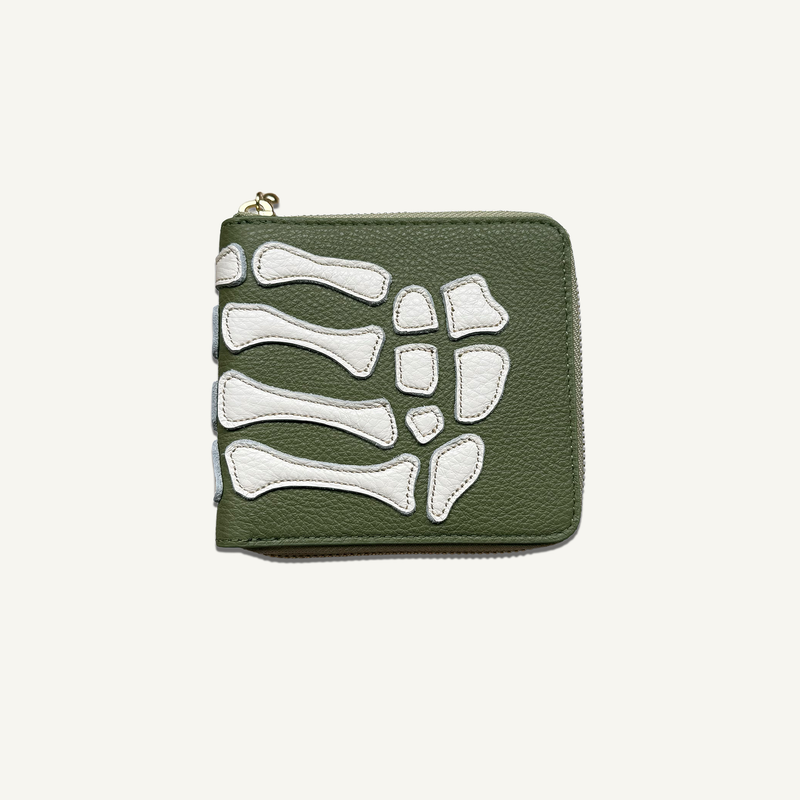Kapital Thumb-Up Bone Hand zip wallet in olive leather