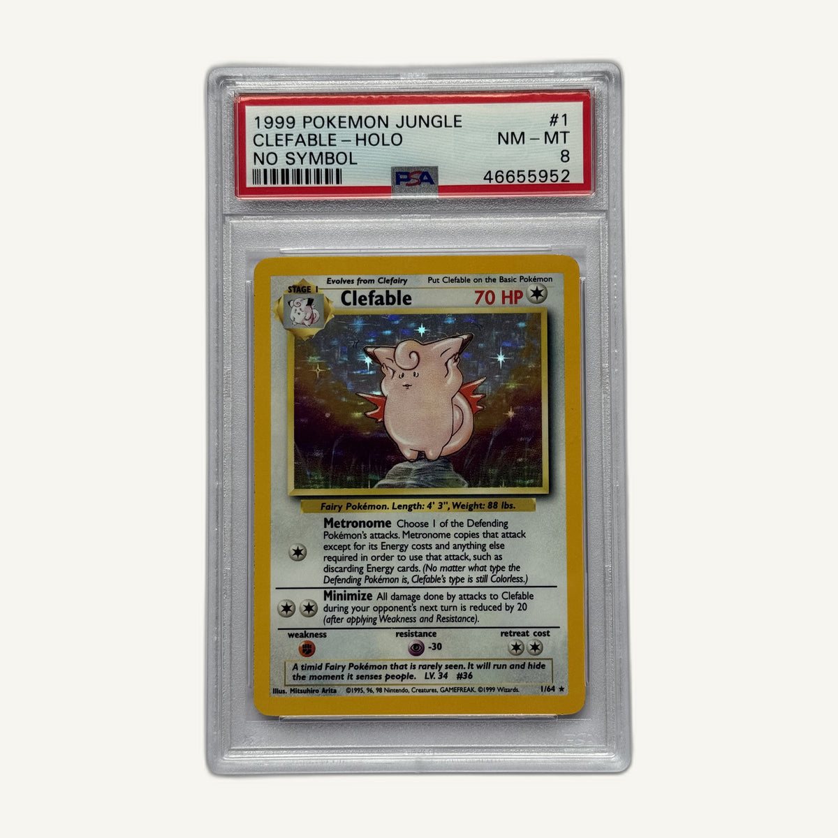 1999 Pokémon Jungle Clefable 1/64 Holo No Symbol Error PSA 8, front of slab