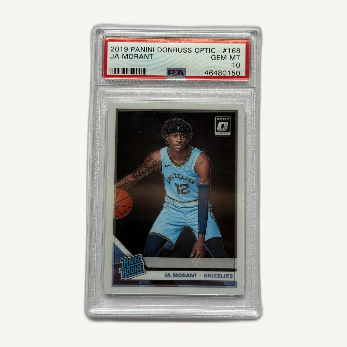2019 Panini Donruss Optic Ja Morant Rated Rookie #168 PSA 10, front of slab
