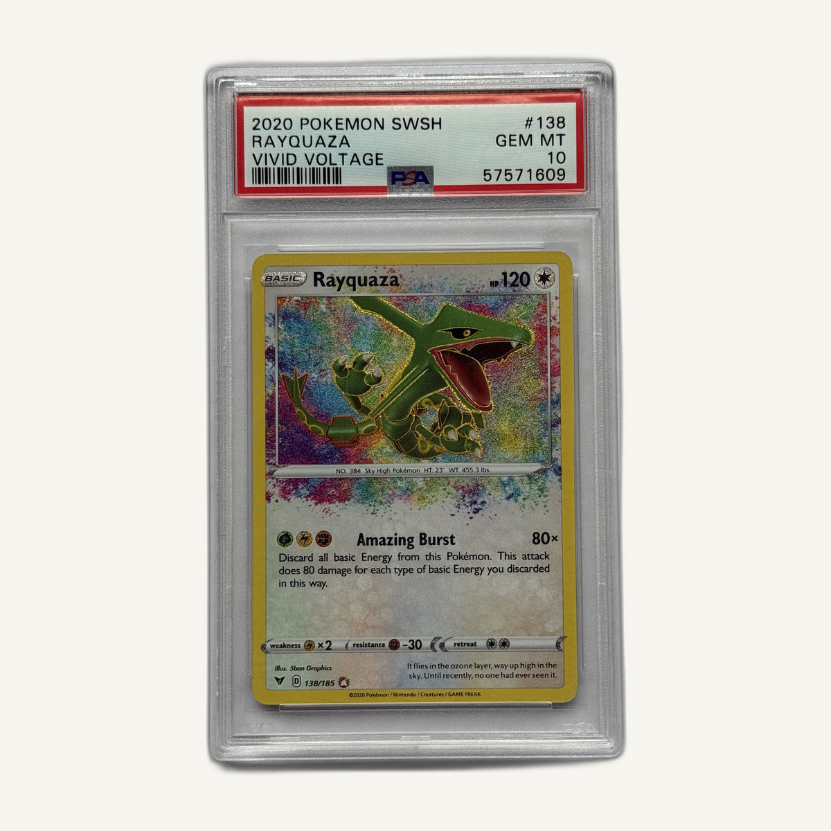 2020 Pokémon Vivid Voltage Rayquaza 138/185 Amazing Rare PSA 10, front of slab